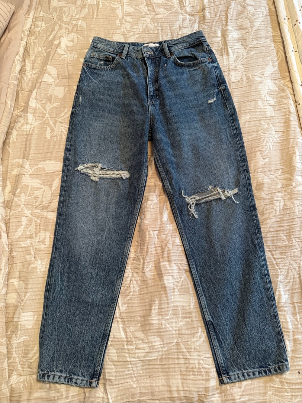 Zara Classic Mom Fit Distressed Blue Jeans
